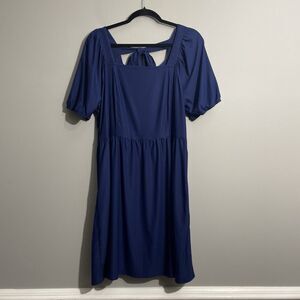 Ofeefan Women's Blue Puff Sleeve Dress XL Square Neck Tie Back A-Line Midi Dress